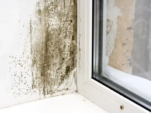 Moisissure sur un mur près d'une fenêtre, signe d'un point de rosée maison mal géré. L'humidité s'est accumulée, favorisant la croissance fongique.