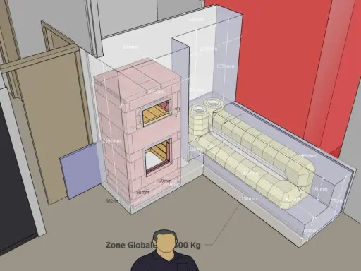 Vue 3D d'un poêle de masse plan avec ses dimensions. Le poêle est en briques roses, avec des ouvertures pour le feu. Des conduits de chaleur en forme de U sont visibles à côté.