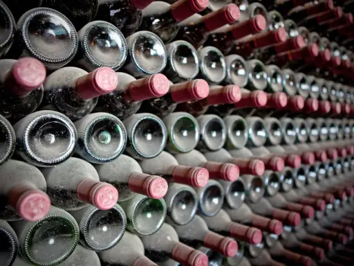 Staubige Wein­fla­schen, die auf­ge­reiht lagern. Die "crianza bedeutung" liegt in der Reife und dem Ausbau, der dem Wein seinen Charakter verleiht.