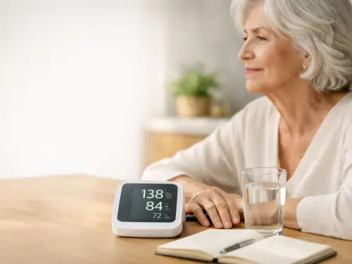 Donna anziana controlla la pressione: 138/84, con un valore di 80 battiti al minuto.