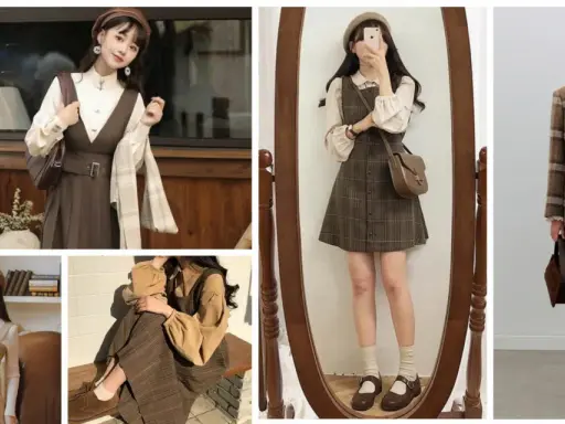 Collage of women in dark academia aesthetic outfits, featuring plaid jumpers, blazers, and berets.