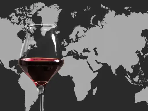 Ein Glas Rotwein vor einer Weltkarte. Die Vielfalt der Appellationen weltweit lädt zum Entdecken ein.