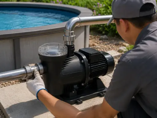 Installation d'une pompe de piscine 1 cv. Un technicien ajuste le tuyau d'une pompe pour optimiser la consommation.