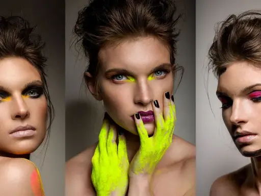 Trzy portrety beauty z odważnym makijażem: neonowy żółty, czarny i różowy.