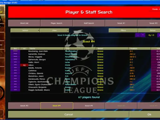 Ekran gry Championship Manager 01/02, lista wyszukanych zawodników z Grecji.