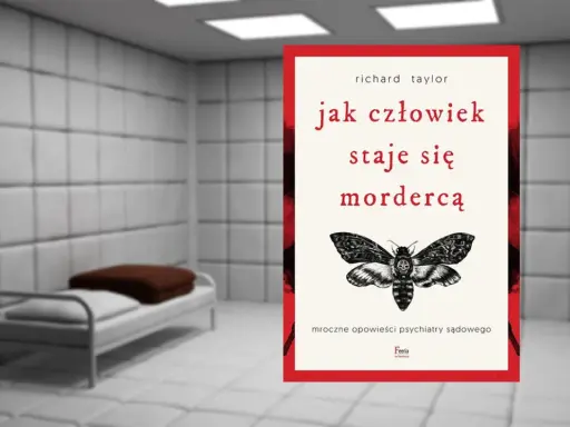 Książka "Jak człowiek staje się mordercą" w ponurym pokoju z łóżkiem.