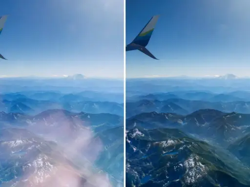 Vista aerea di montagne innevate e azzurre, con l'ala di un aereo. Un esempio di come fotografare una foto stampata, mostrando la differenza tra l'originale e una versione migliorata.