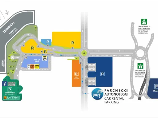 Schemat lotniska Neapol. Jak dojechać z lotniska do centrum? Znajdź taksówki, parkingi, wypożyczalnie aut i autobusy.