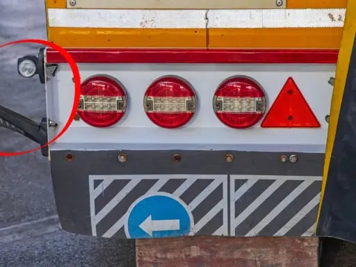 Detalle de la parte trasera de un camión, mostrando luces de galibo, reflectores y un brazo de soporte.