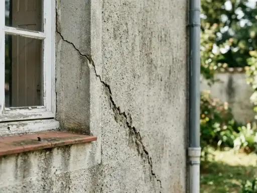 Grosse fissure sur mur extérieur près d'une fenêtre, nécessitant une réparation. Le crépi est abîmé.