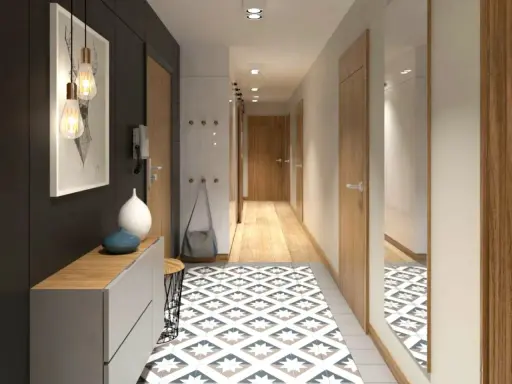 Un corridoio stretto con idee di design moderne: tappeto geometrico, mobili minimalisti, luci a sospensione e specchio a tutta altezza.
