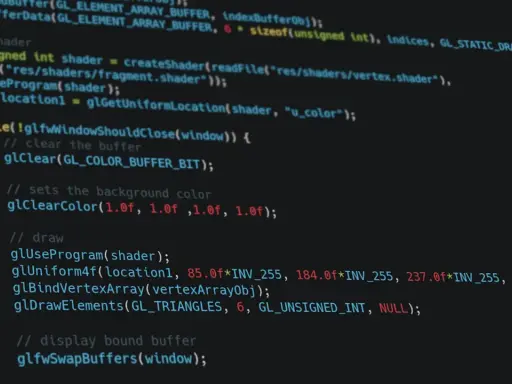 Kod w C++ do renderowania grafiki, używający OpenGL. Widać tu fragment pętli głównej, czyszczenie bufora i ustawianie koloru tła.