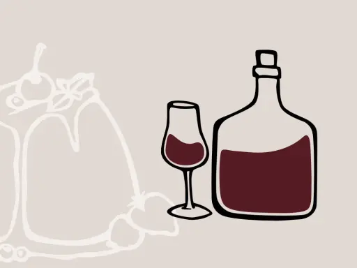 Stilisierte Darstellung eines Kuchens mit Beeren, daneben ein Glas und eine Flasche mit dunklem Wein. Der Unterschied Portwein Sherry wird hier visuell angedeutet.