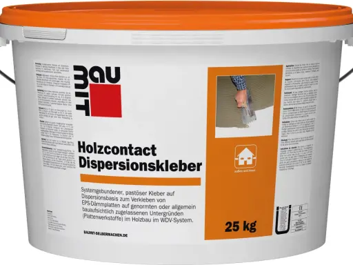Baumit Holzcontact Dispersionskleber: pastöser Kleber zum Verkleben von EPS-Dämmplatten. Ideal zum Styropor kleben im Holzbau, innen und außen. 25 kg.