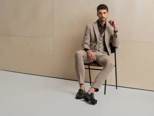 Elegancki mężczyzna w beżowym garniturze, uosabiający włoski styl męski, siedzi na krześle.