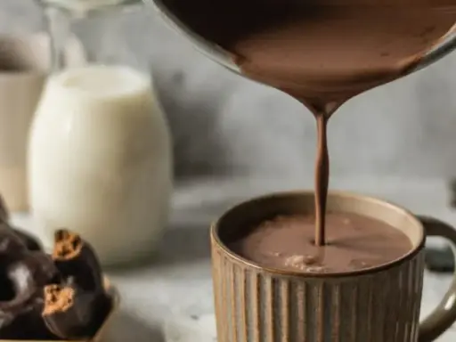 Varm choklad hälls upp i en mugg. Bredvid står en skål med chokladkakor och en mjölkflaska.