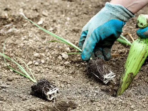 Mains gantées plantant des jeunes poireaux en motte dans la terre. C'est le bon moment pour savoir quand planter les poireaux d'hiver.