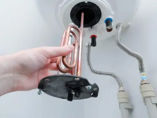 Mano retirando resistencia de cobre para saber como limpiar un termo por dentro.
