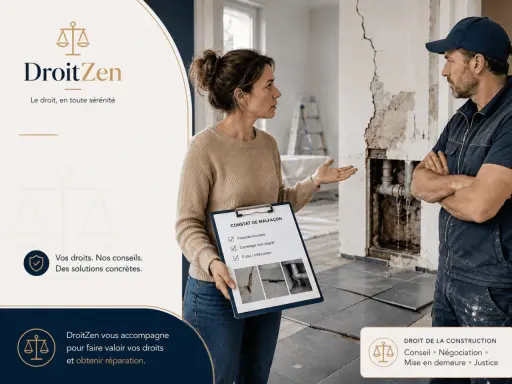 Une femme présente un constat de malfaçon à un artisan, suggérant un litige avec un artisan. La scène se déroule sur un chantier.