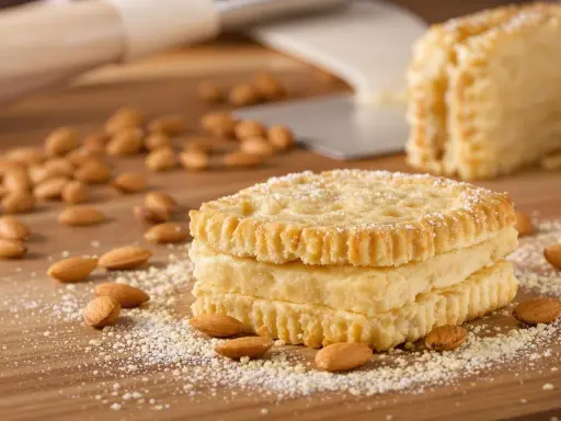 Biscuits Joconde, parfaits pour le goûter, préparés avec le Thermomix. Amandes et sucre glace parsèment la planche en bois.