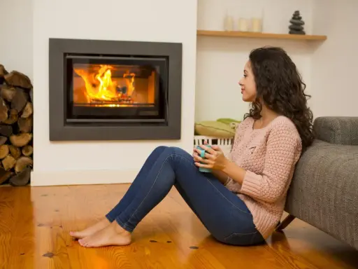 Une femme savoure une boisson chaude près d'une cheminée crépitante, profitant du meilleur chauffage pour une soirée cosy.