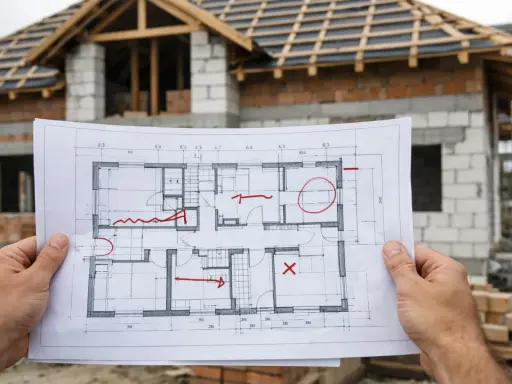 Ręce trzymają projekt domu z zaznaczonymi czerwonymi zmianami w projekcie budowlanym bez zgody projektanta.