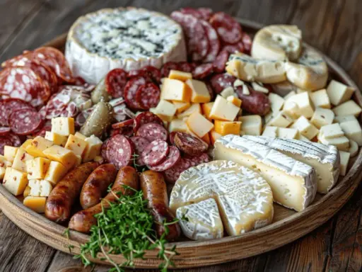 Plateau généreux de charcuteries et fromages, une véritable spécialité Franche-Comté, avec saucissons, terrines, et divers fromages affinés.