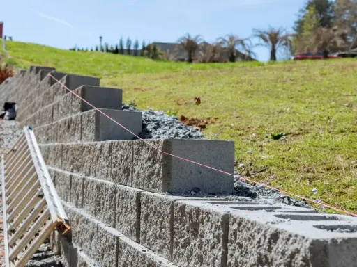 Budowa muru oporowego z bloczków betonowych, z drabiną i sznurkiem do poziomowania.