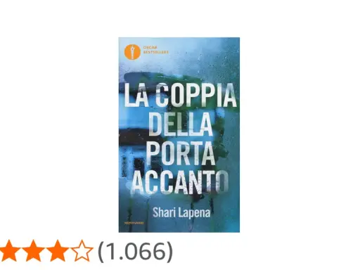 Copertina del libro "La coppia della porta accanto" di Shari Lapena, con sfondo piovoso e valutazione 3,8 stelle.
