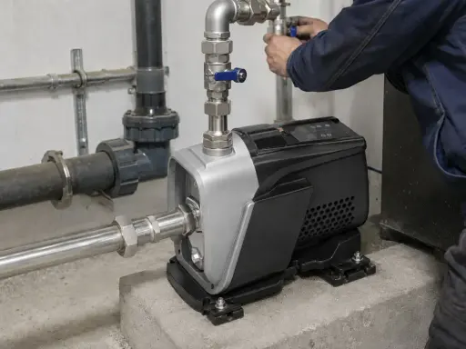 Installazione di una pompa per risolvere la pressione acqua bassa. Un tecnico regola le valvole.