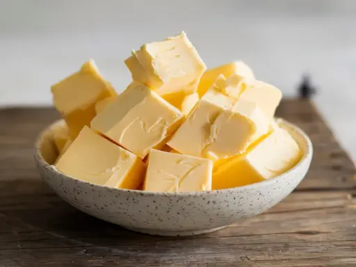 Ein Schälchen voller goldgelber Butterwürfel, bereit für den Einsatz in der Küche. Butter liefert auch etwas Calcium.