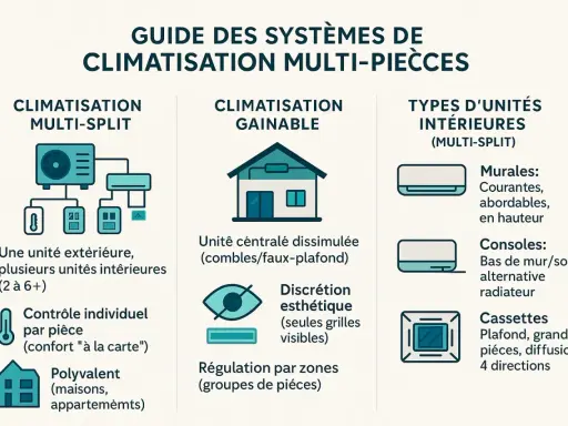 Guide des systèmes de climatisation multi-pièces : comment fonctionne une clim multi-split avec une unité extérieure et plusieurs intérieures, ou une clim gainable centralisée.