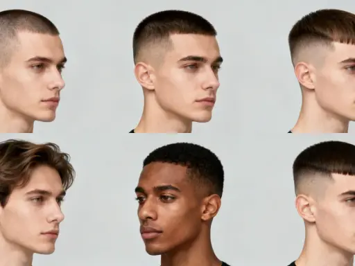 Sechs Männer mit verschiedenen Haarschnitten, darunter ein klassischer french crop stylen.