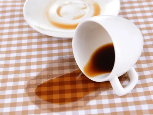 Um Kaffeeflecken aus Tischdecke zu entfernen, braucht es Geduld. Eine umgekippte Tasse hinterließ einen braunen Fleck auf kariertem Stoff.