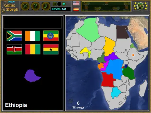 Gioco di geografia: identifica gli stati dell'Africa. L'Etiopia è evidenziata in viola su una mappa colorata.