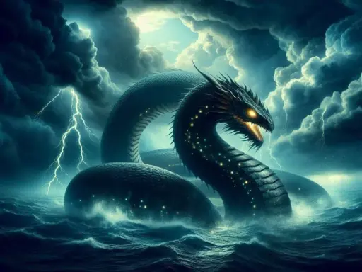 Potężny wąż morski, jeden z gigantów mitologii nordyckiej, wynurza się z wzburzonych fal podczas burzy z piorunami.