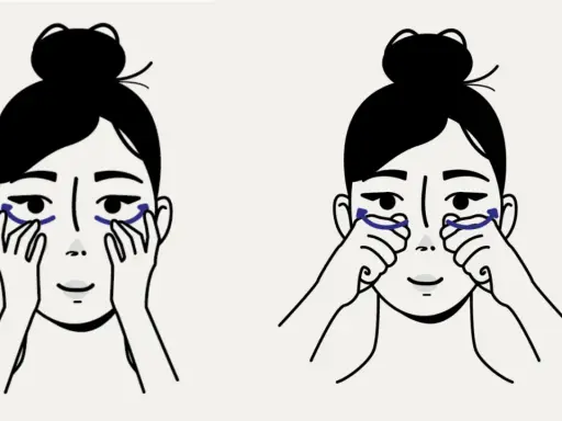 Illustration montrant les étapes d'un automassage du visage, ciblant le contour des yeux pour un regard plus détendu.
