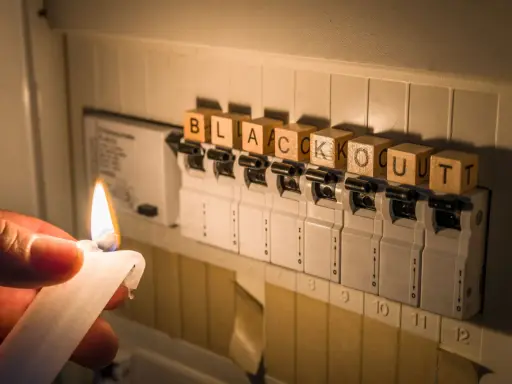 Płonąca świeca obok bezpieczników z literami układającymi się w słowo "blackout".