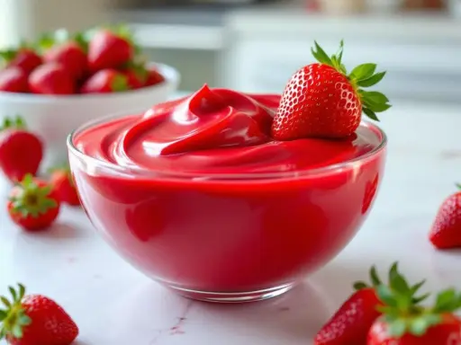 Un bol de ganache fraise onctueuse, garni d'une fraise fraîche. Des fraises parsèment la table.