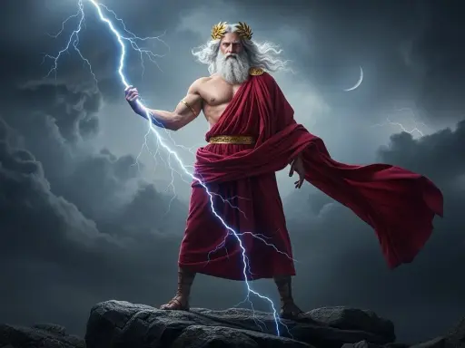 Zeus, mit Blitz in der Hand, trägt eine rote Toga. Seine Aufgaben sind gewaltig, wie der Sturm zeigt.