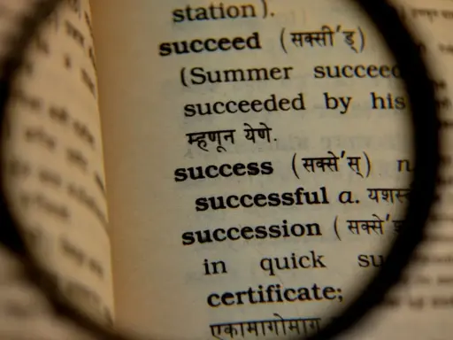 Słownik pod lupą ukazuje definicję słowa "success", czyli sukces. To droga do osiągnięcia celu.