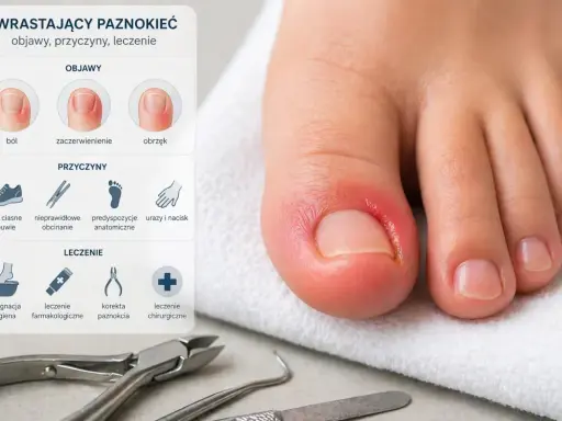 Widok z bliska palca stopy z widocznym zaczerwienieniem i obrzękiem wokół paznokcia, wskazującym na mechaniczne uszkodzenie paznokcia. Obok infografika o wrastających paznokciach.