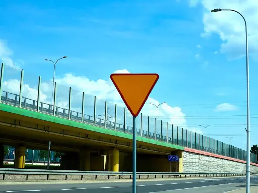 Pomarańczowy znak "ustąp pierwszeństwa" ostrzega przed wjazdem na drogę podporządkowaną. Pod wiaduktem widać drogę i słupy oświetleniowe.