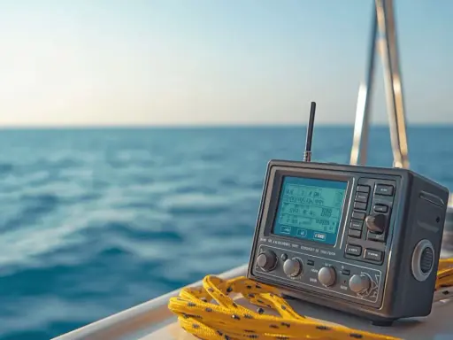 Radio VHF sur un voilier, prêt à communiquer. Le vhf signification est essentiel pour la sécurité en mer.