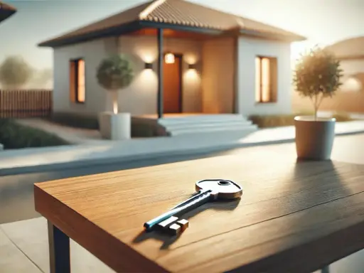 Llave sobre mesa de madera, con casas modernas al fondo. Una oportunidad de alquiler con opción a compra.