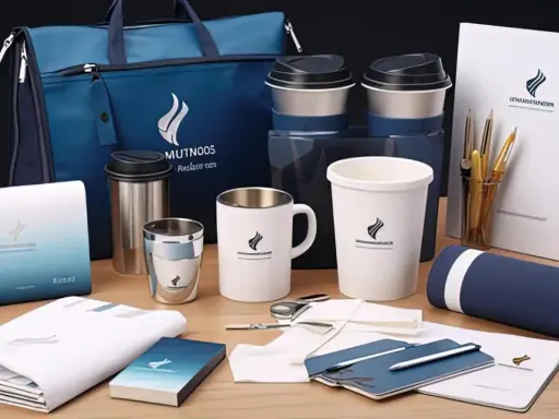 Zestaw eleganckich gadżetów firmowych: torba, kubki, termosy, notesy i długopisy. Idealny reklamowy drobiazg dla klientów.