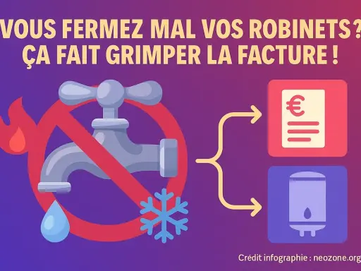 Robinet barré, symbole de flamme et flocon. Le mauvais positionnement du tuyau d'eau chaude et froide augmente la facture.