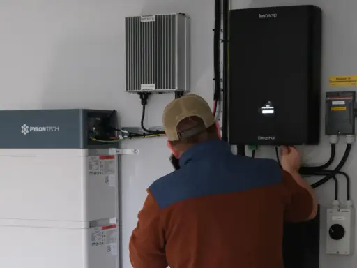 Tekniker kopplar in en ferroamp växelriktare bredvid ett Pylontech batteri.