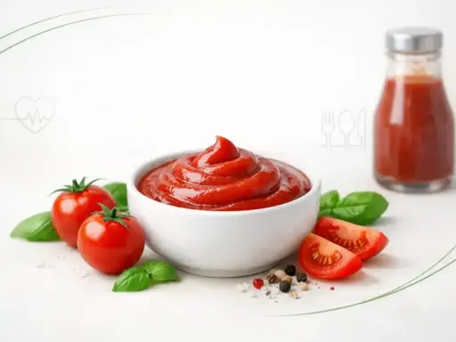 Miseczka pełna ketchupu, pomidory, bazylia i przyprawy. Czy ketchup jest zdrowy? Zależy od składu!