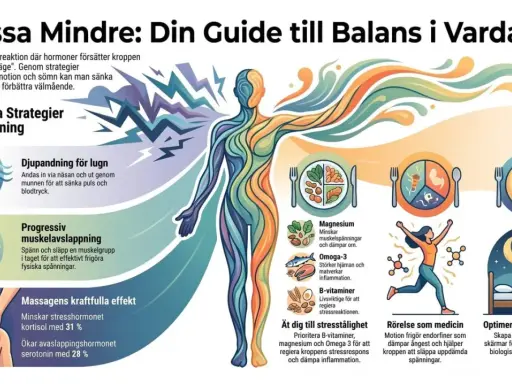 En illustration som visar strategier för meditation mot stress: djupandning, muskelavslappning, kost, motion och sömn.